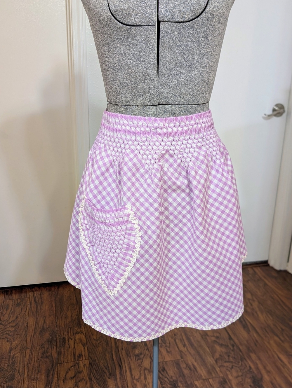 Vintage Handmade Lavender Gingham Half Apron | Smocked Waist & Heart Pocket